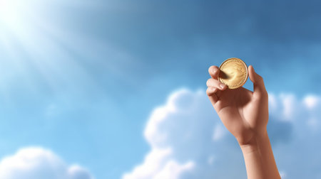 Serving tennis ball Closeup of male hand in wristband throwing tennis ball against blue sky : Generative AIの素材