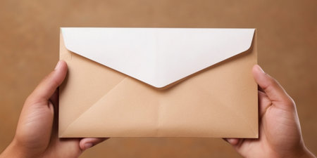 Opening envelope Closeup top view of male hands opening envelope over wooden desk with different chancellery stuff laying on it : Generative AIの素材