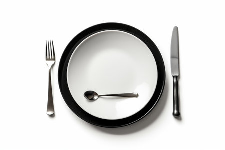Perfect serve High angle shot of empty plate fork spoon knife closed menu lying against white background : Generative AIの素材