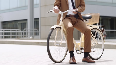 Reading fresh news Side view of young businessman reading newspaper while sitting near his bicycle with office building in the background : Generative AIの素材