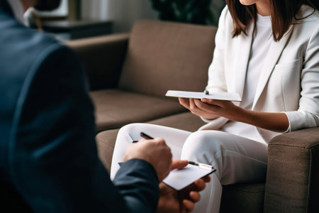 Sign here Closeup of thoughtful young couple sitting on the couch while man in formalwear pointing clipboard with document : Generative AIの素材