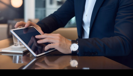 Using modern technologies at work Closeup of young businessman working on digital tablet while sitting at the desk in creative office : Generative AI