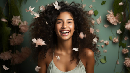 Cheerful woman with confetti enjoying in front of green wall : Generative AIの素材