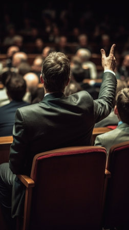 Lying Rear view of man in formalwear keeping fingers crossed behind his back while three people sitting on background : Generative AIの素材