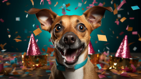 Cute dog celebrating at a birthday party with confetti and party hat : Generative AIの素材