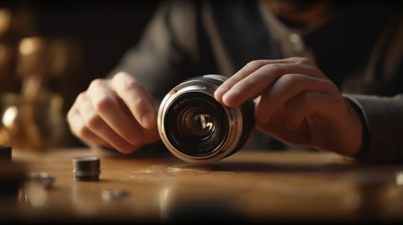 Photographer cleaning lens Closeup of man cleaning lens of his digital camera while standing outdoors : Generative AIの素材