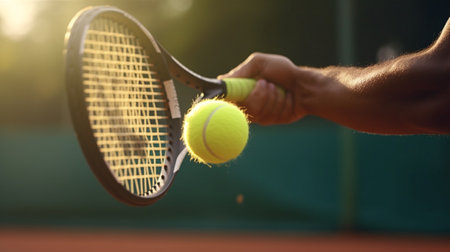 Play with me Closeup of young man in polo shirt holding tennis ball on his racket while standing on tennis court : Generative AIの素材