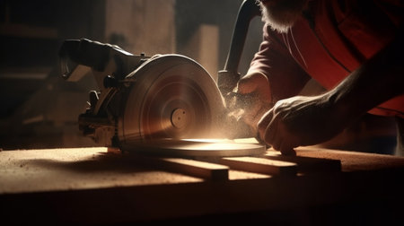 Man sawing Closeup of handyman using saw in workshop : Generative AIの素材