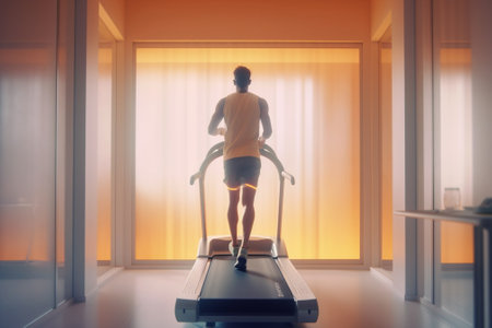 Jogging on treadmill Side view full length of young man in sportswear running on treadmill at gym : Generative AIの素材