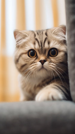 Little explorer Curious little Scottish fold kitten looking away while sitting indoors : Generative AIの素材