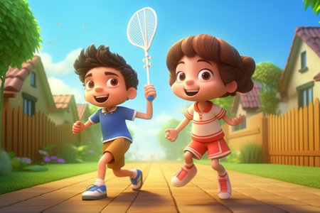 We are ready to play Two cute little children holding badminton rackets and smiling while standing on green grass together : Generative AIの素材