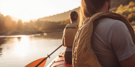 Spending great time on river Confident young couple kayaking on river together with sunset in the backgrounds : Generative AIの素材