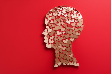 Playful redhead man holding red paper heart near face while standing against red background : Generative AIの素材