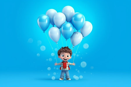 Playful redhead man carrying baby bottle shaped balloon against blue background : Generative AIの素材