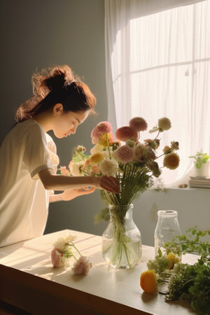 Glass vase with bush spray roses The florist takes care of the flowers A girl with a vase of flowers in her hands : Generative AIの素材