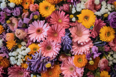 Many different colors on the stand or wooden table in the flower shop Showcase Background of mix of flowers Beautiful flowers for catalog or online store Floral shop and  : Generative AIの素材