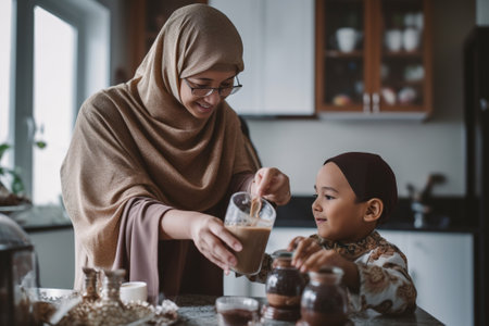 Mother and son are smiling while having a breakfast in kitchen Mom is pouring milk into glass : Generative AIの素材