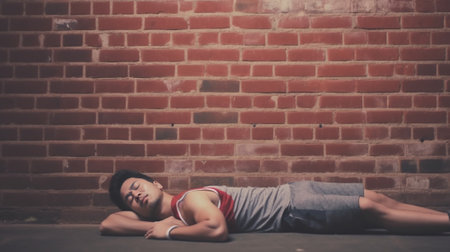 Athlete after a workout with towel on old red bricks background : Generative AIの素材