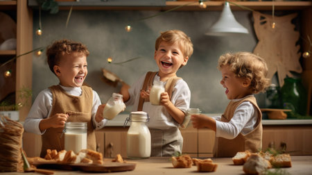 Little boy are smiling while having a breakfast in kitchen Mom is pouring milk into glass : Generative AIの素材