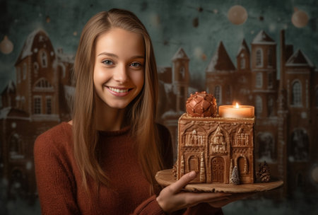 Christmas market in old town European small city Hand in red mitten holding a smiling gingerbread man and christmas mood in blurred background : Generative AIの素材