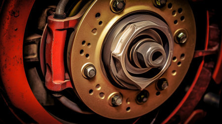 Closeup disc brake of the vehicle for repair shot wheel the tool for loosening the nuts internal screw : Generative AIの素材