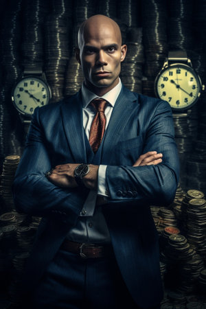 Deadline Businessman looking at watch investor Time management Boss costume or suit Corporate man dress No face Delaying the meeting : Generative AIの素材