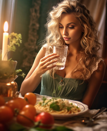 Beautiful young woman lunches in the restaurant Tartar and a variety of dishes on the table Italian cuisine : Generative AIの素材