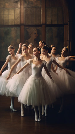 The ballet concept Young ballerina girls relax sitting on the floor Women at the rehearsal in a white tutu and a grey jacket Prepare a theatrical performance : Generative AIの素材