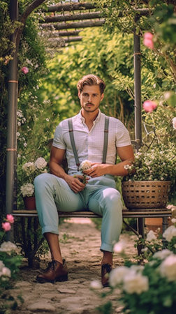 Handsome man relax in vintage rockingchair with phone in garden : Generative AIの素材