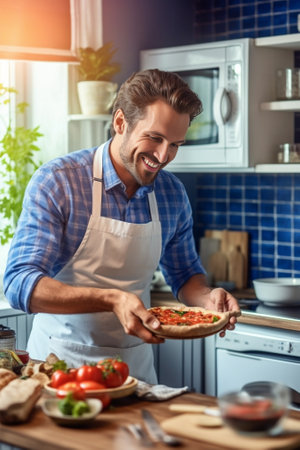 Raw pizza ready to bake Cook in a blue apron in the kitchen with a shovel in his hands boxes for food delivery on background : Generative AIの素材