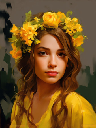 Portrait young girl in yellow dress with Flower wreath for head Walking in park Warm summer day : Generative AIの素材