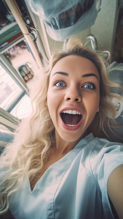 Inspection with a dental macro camera and displays the result on the monitor Young woman dentist treating root canals in the dental clinic Man patient lying on dentist ch : Generative AIの素材
