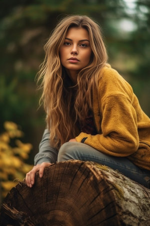 Portrait of young woman in autumn park sitting on a wooden log Trees with yellow foliage in the background beautiful sunset light Warm sweater on the shoulders : Generative AIの素材