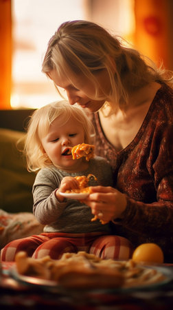 Portrait of a baby with dirty lips Young mother feeding her baby daughter with fruit puree The baby is 7 months old lying in a special high chair for babies : Generative AIの素材