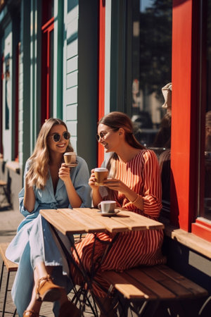 Two glasses of hot drinks in the hands of a young woman A girl in a residential neighborhood holds cups of coffee Breakfast on the go Picnic and going out concept : Generative AIの素材