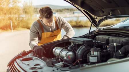 Side view of mechanic checking motor oil in a car with open hood : Generative AIの素材