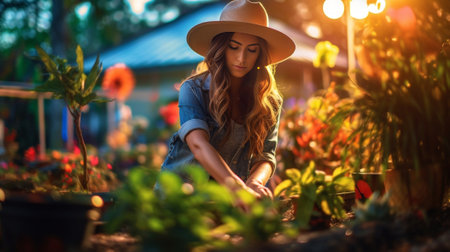 Portrait young woman dressed a straw hat with a wide brim Gardener transplanting plants Concept of home garden Flower and garden shop : Generative AIの素材