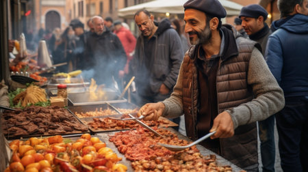 Various snacks and antipasti on the table of showcase Street food market in Florence Italy : Generative AIの素材