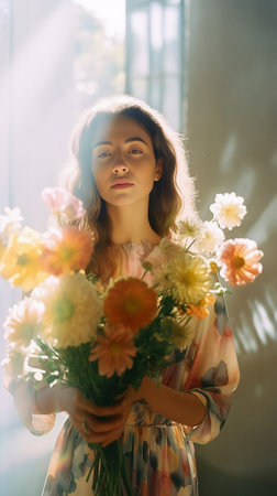 Young girl holding a beautiful spring bouquet flower arrangement with light and pastel color flowers Bright dawn or sunset sun : Generative AIの素材