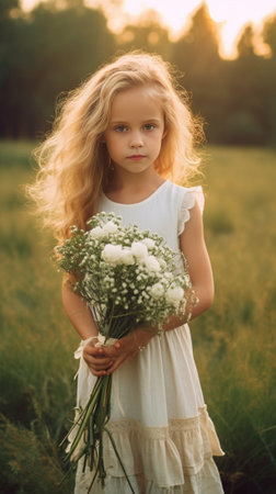 Young girl holding a beautiful spring bouquet flower arrangement with hydrangea and garden roses Bright dawn or sunset sun : Generative AIの素材