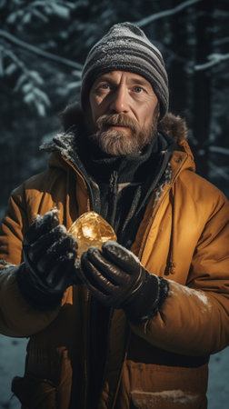 man with hatchet in the hands of carries Christmas tree in the winter forest : Generative AIの素材