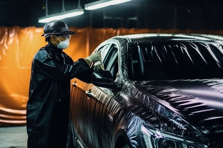 worker painting a car black blank parts in special garage wearing costume and protective gear : Generative AIの素材