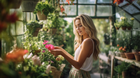 Young woman buying flowers at a garden center : Generative AIの素材