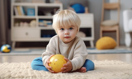 1 year old bite childrens rug Happy baby boy lies on floor at childrens room and playing : Generative AIの素材