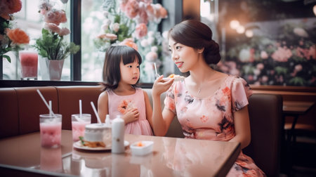 An attractive mother and her pretty girl together have breakfast rest in the cafe at the table communicate with each other eat and drink beautiful woman with a child on h : Generative AIの素材