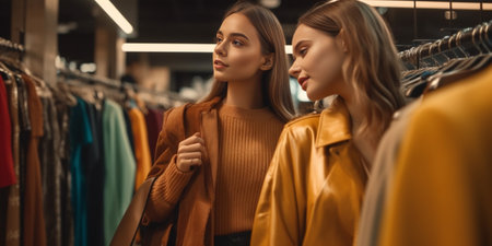 Beautiful girls are choosing clothes talking and smiling while doing shopping in boutique : Generative AIの素材