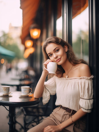 Beautiful cute girl in the cafe near the window with coffee smiling : Generative AIの素材