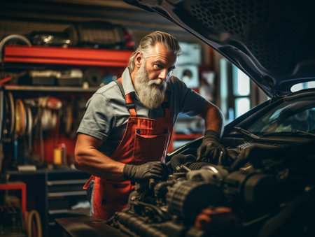 A car mechanic inspects the engine with a flashlight Engine Block on a repair stand with Special crane jack Technical service station for car : Generative AIの素材