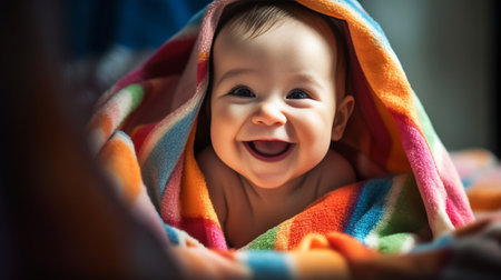 A happy oneandahalfyearold girl helps and has fun and smiles while in a bright apartment change of bed linen Helps parents with house cleaning and washing in the washing  : Generative AIの素材