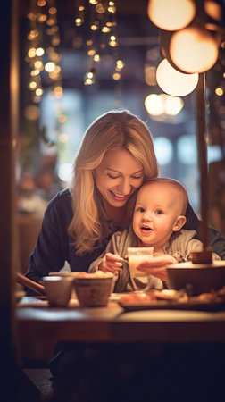 Beautiful young woman with her baby sons Light breakfast near window in a cafe Croissants omelet coffee and many different dishes on the table in the cafe Happy family : Generative AIの素材